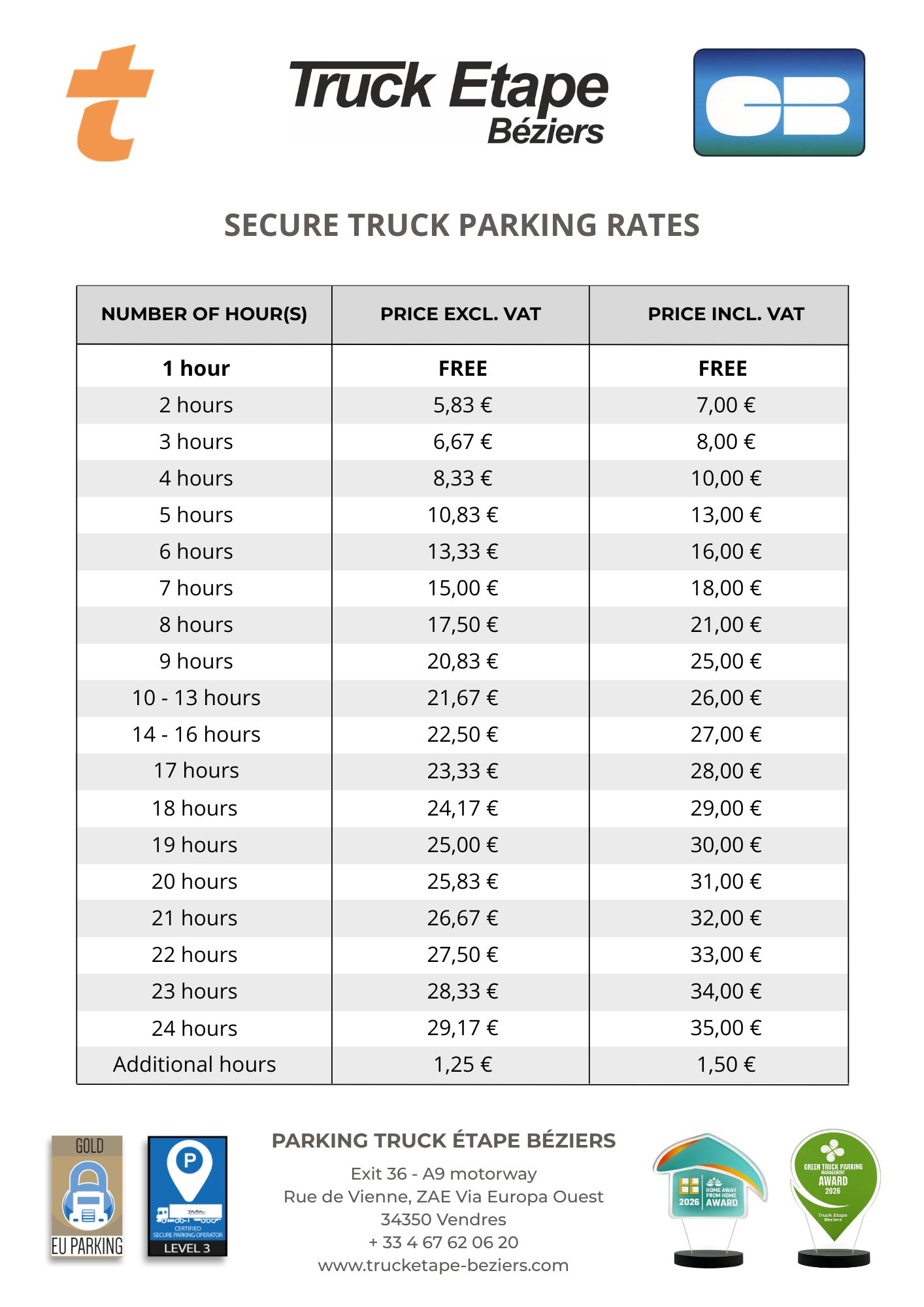 Secure truck parking rates (24/7) Truck Etape Béziers Secure truck parking rate table